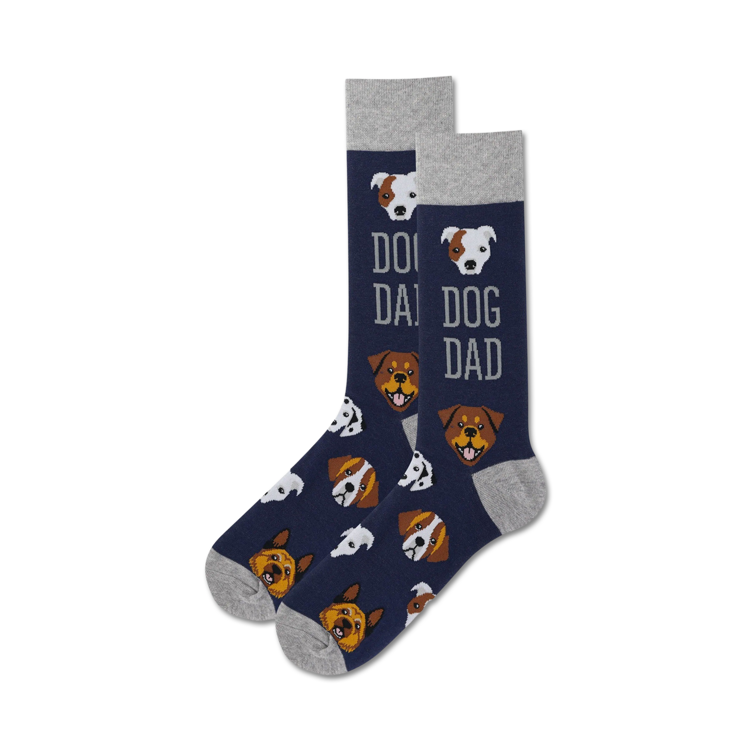 A pair of navy blue crew socks with a pattern of various dog breeds and the text 'Dog Dad'.  Grey cuffs.