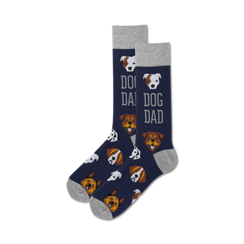 mens blue crew socks with gray toes, heels, and cuffs feature a pattern of cartoon dogs and the text "dog dad."   
