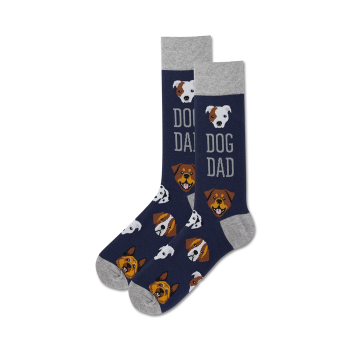 mens blue crew socks with gray toes, heels, and cuffs feature a pattern of cartoon dogs and the text 