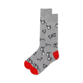 Pair of grey crew socks with a repeating pattern of black eyeglasses.  Red accents on the heel and toe.