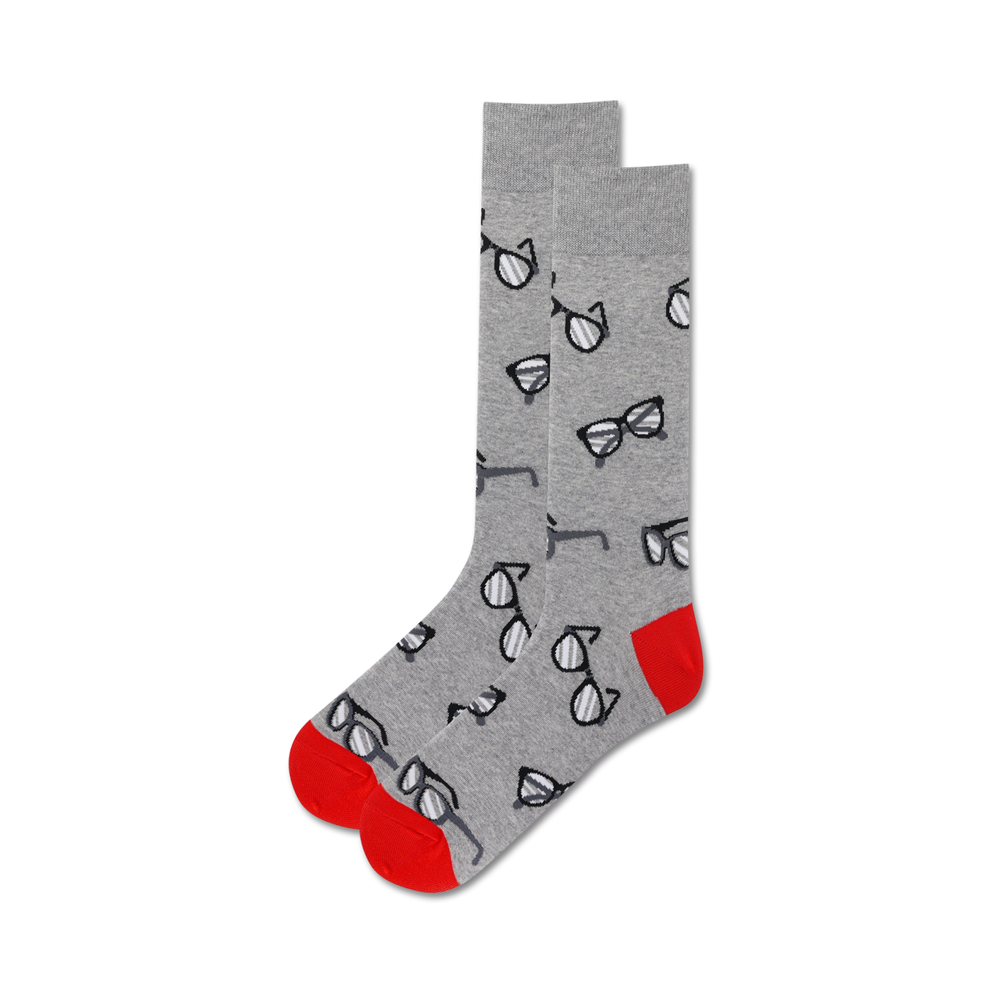 Pair of grey crew socks with a repeating pattern of black eyeglasses.  Red accents on the heel and toe.