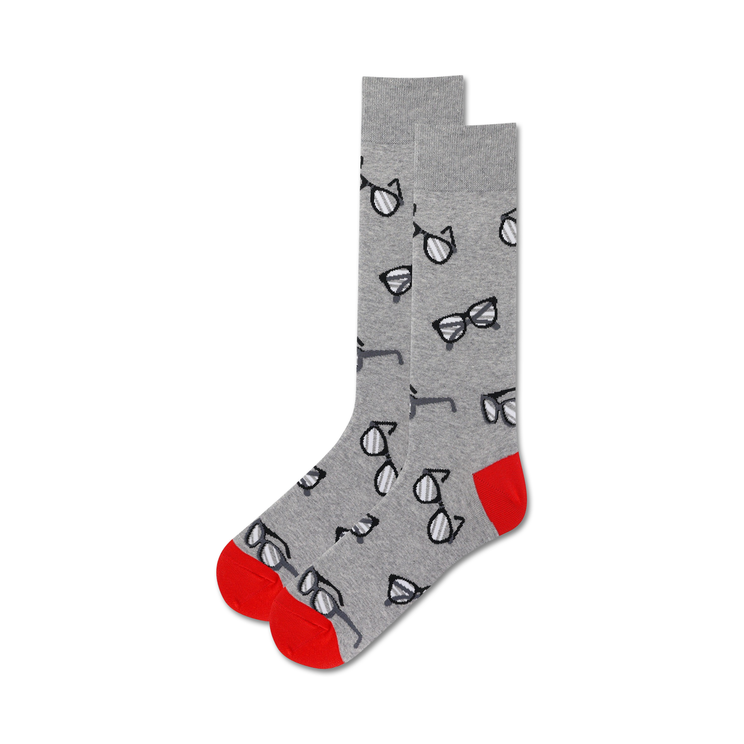 Pair of grey crew socks with a repeating pattern of black eyeglasses.  Red accents on the heel and toe.