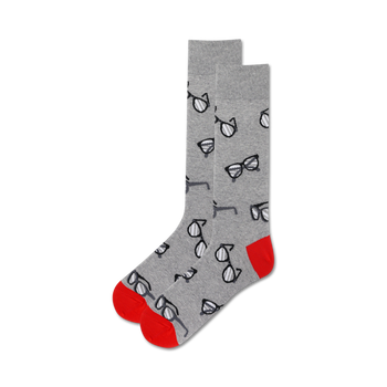 mens gray crew socks with black/white striped eyeglasses pattern. red toe and heel. glasses theme.  