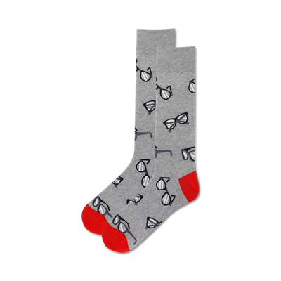 mens gray crew socks with black/white striped eyeglasses pattern. red toe and heel. glasses theme.  