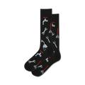 Pair of black crew socks with a fun plumbing theme.  Features illustrations of wrenches, plungers, faucets, and shower heads.