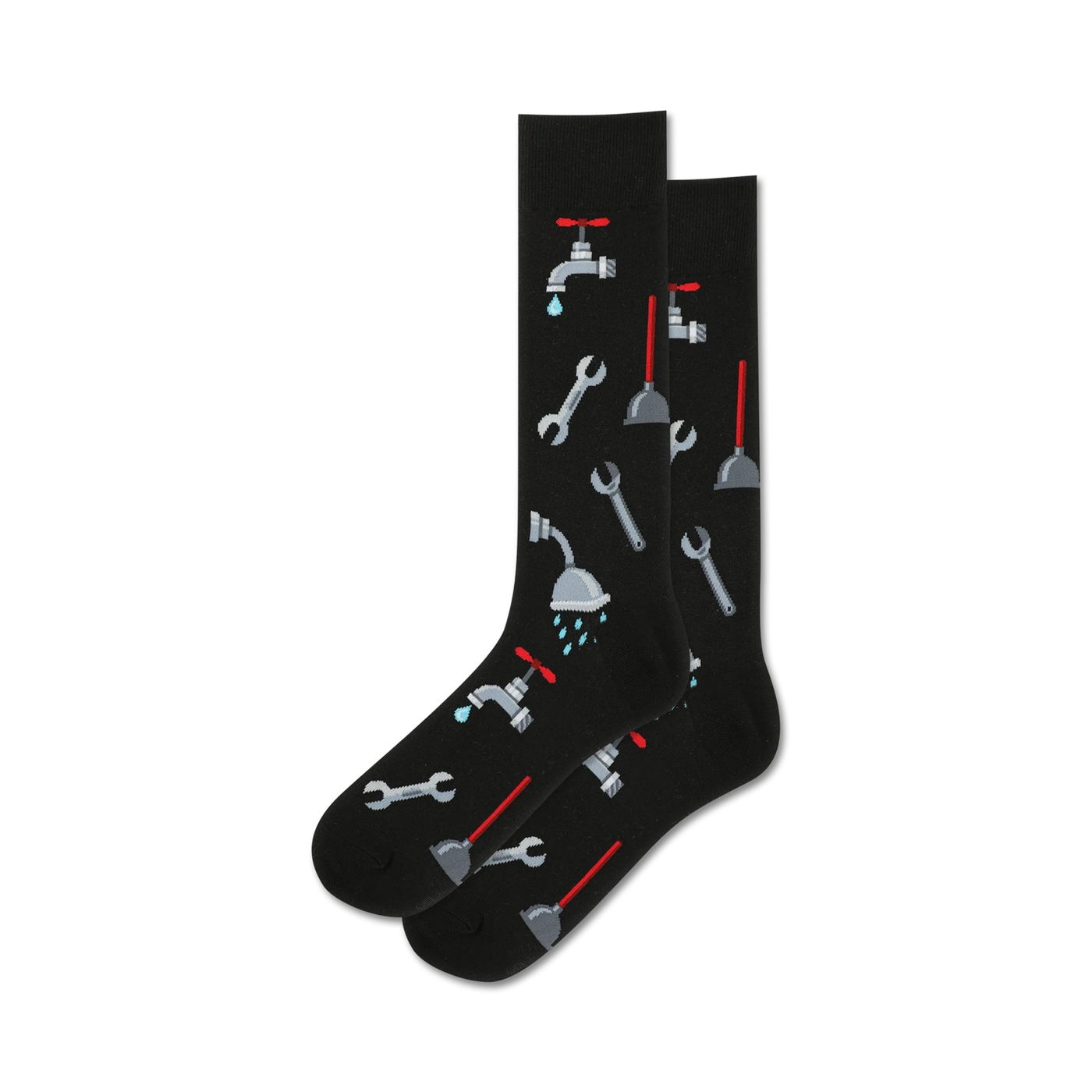 Pair of black crew socks with a fun plumbing theme.  Features illustrations of wrenches, plungers, faucets, and shower heads.