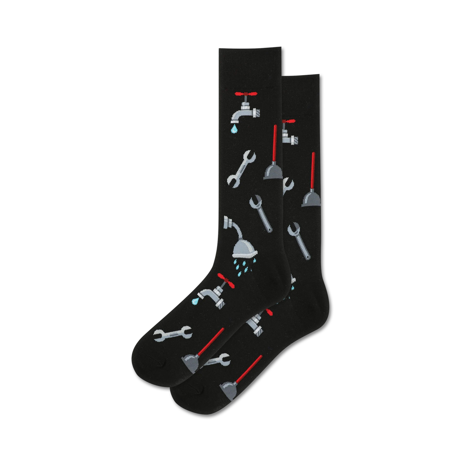 Pair of black crew socks with a fun plumbing theme.  Features illustrations of wrenches, plungers, faucets, and shower heads.