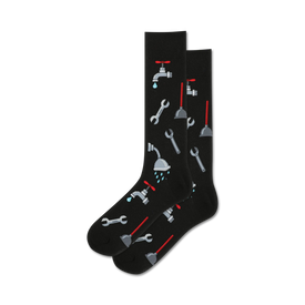 black crew socks with red and blue tools and plumbing fixtures pattern for men.   