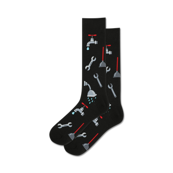 black crew socks with red and blue tools and plumbing fixtures pattern for men.   