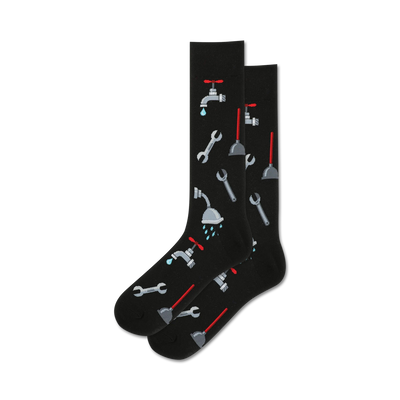 black crew socks with red and blue tools and plumbing fixtures pattern for men.   