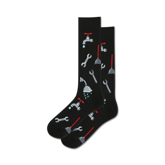 black crew socks with red and blue tools and plumbing fixtures pattern for men.    }}