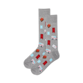Pair of grey crew socks with a fun pattern. The design includes red postboxes, mail trucks, parcels, and envelopes.