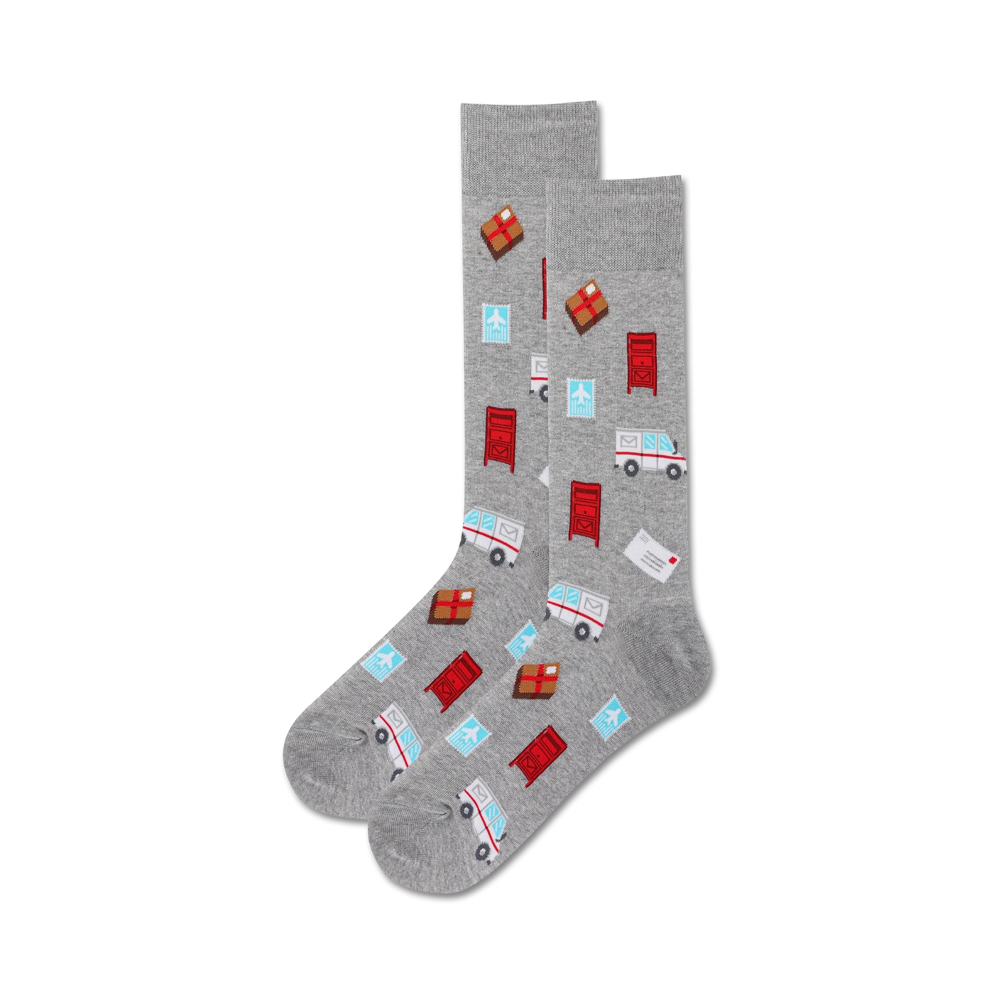 Pair of grey crew socks with a fun pattern. The design includes red postboxes, mail trucks, parcels, and envelopes.