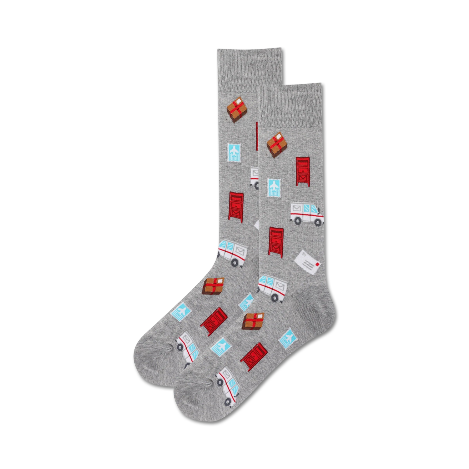 Pair of grey crew socks with a fun pattern. The design includes red postboxes, mail trucks, parcels, and envelopes.