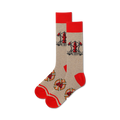 Pair of tan crew socks with red cuffs. Design includes a fire hydrant with axes and 'Fire Rescue' text.