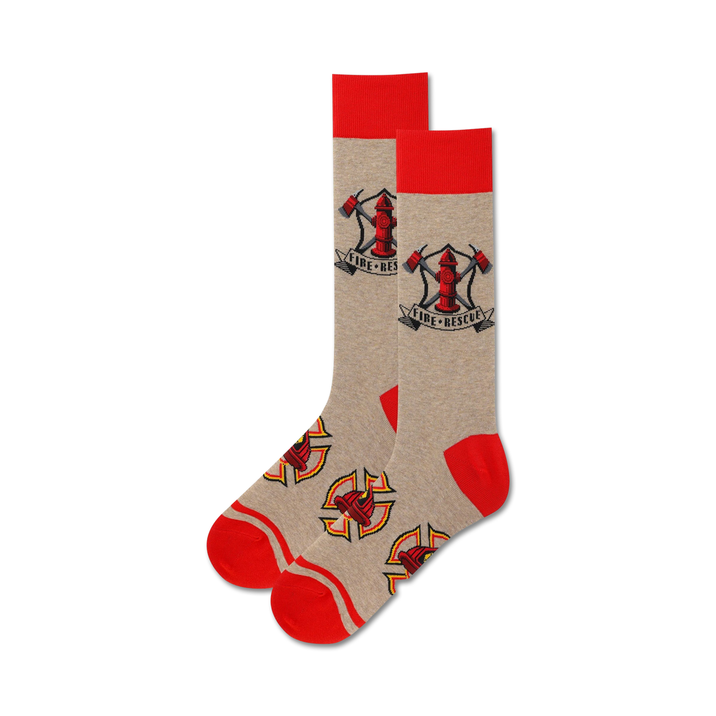 Pair of tan crew socks with red cuffs. Design includes a fire hydrant with axes and 'Fire Rescue' text.
