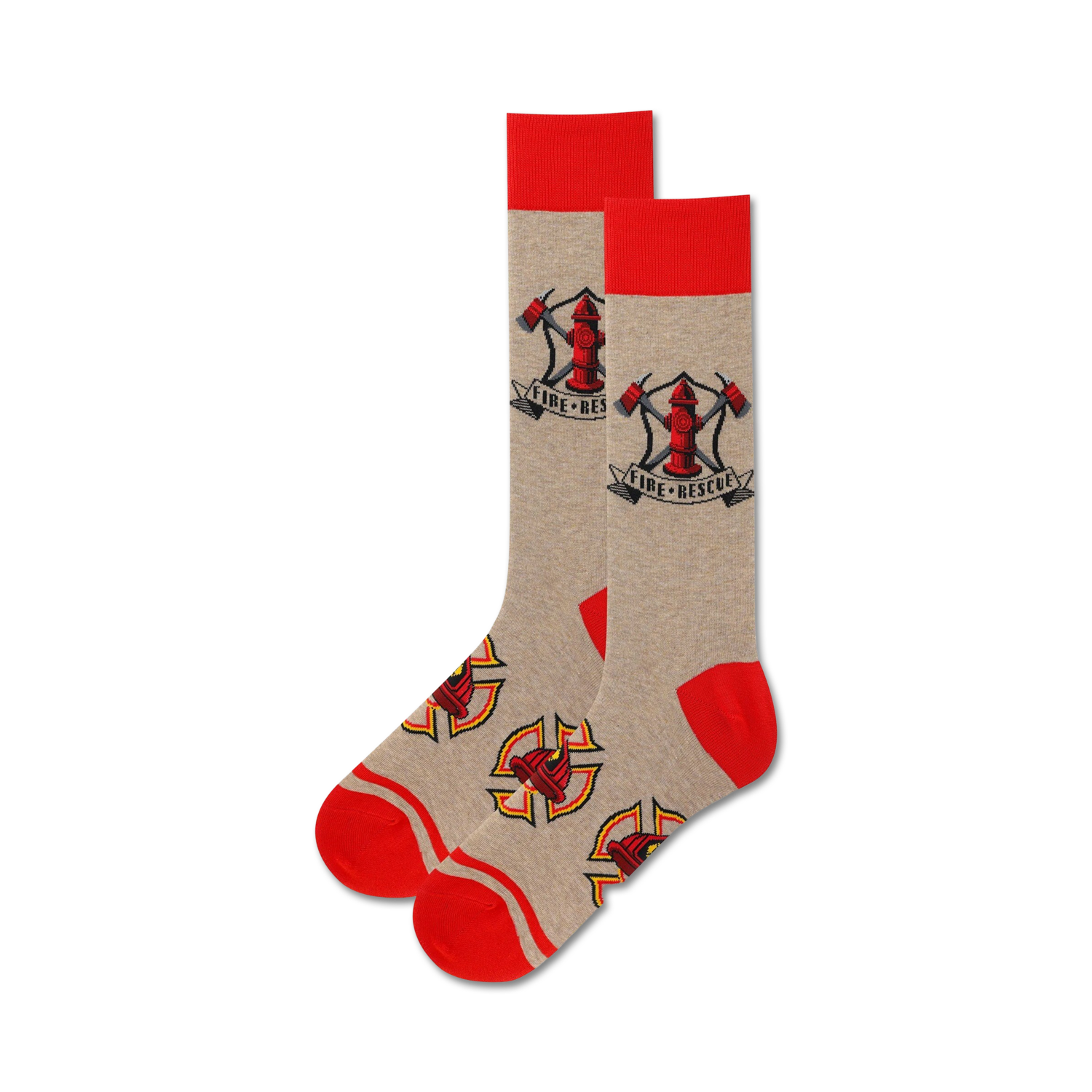 Pair of tan crew socks with red cuffs. Design includes a fire hydrant with axes and 'Fire Rescue' text.
