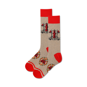 gray crew socks adorned with red maltese crosses, fire axes, and hydrants.   