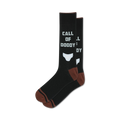 Pair of black crew socks with brown cuffs.  The socks feature a 'Call of Doody' graphic and a small image of underwear.