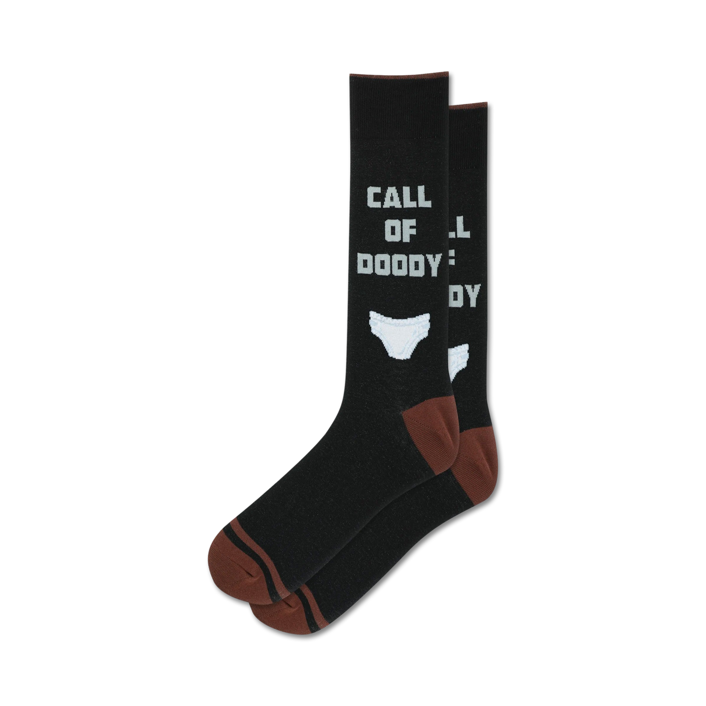 Pair of black crew socks with brown cuffs.  The socks feature a 'Call of Doody' graphic and a small image of underwear.