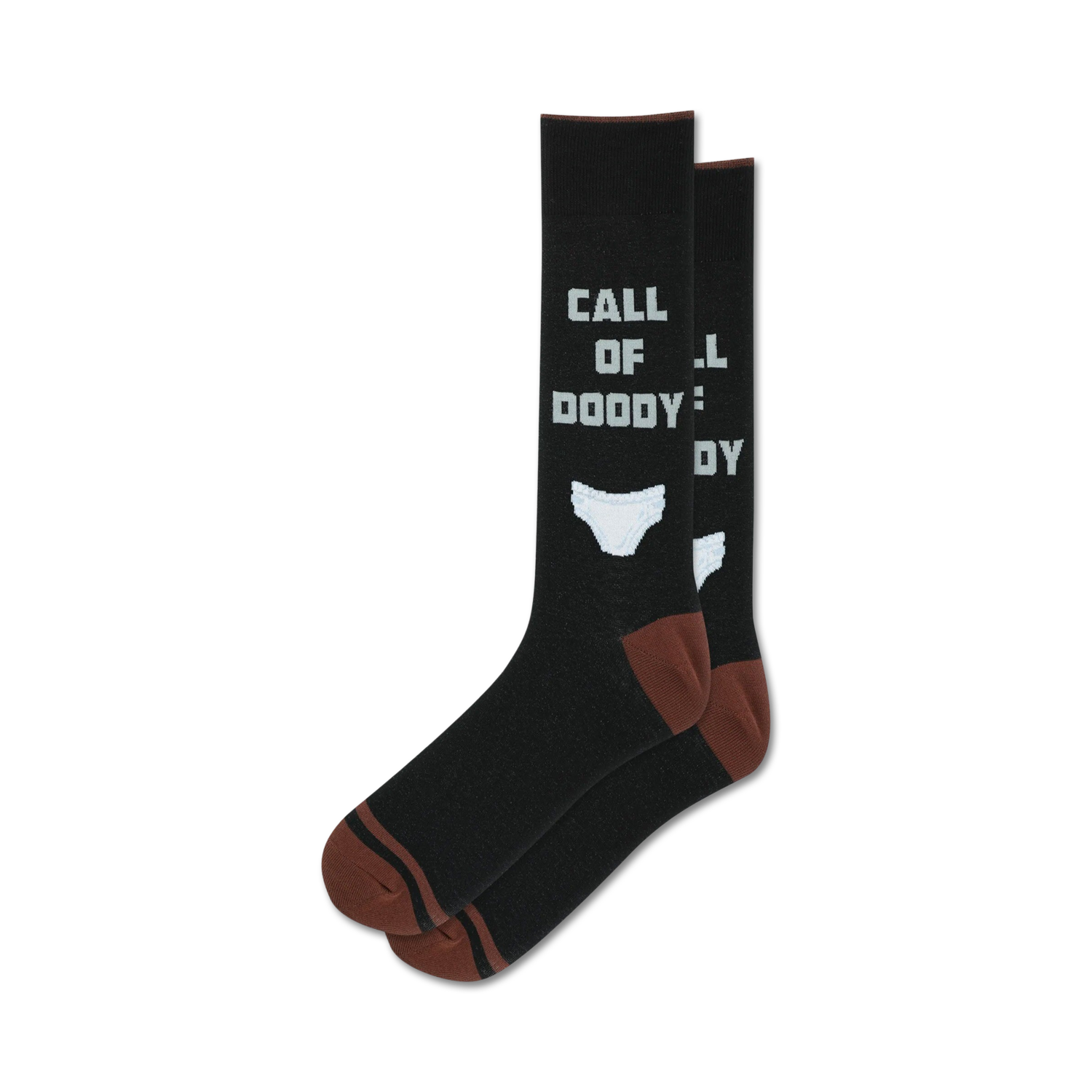 Pair of black crew socks with brown cuffs.  The socks feature a 'Call of Doody' graphic and a small image of underwear.