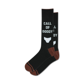 novelty socks for parents, black with brown trim, text "call of doody," skid mark graphic, crew length, suitable for men.  
