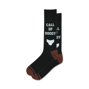 novelty socks for parents, black with brown trim, text "call of doody," skid mark graphic, crew length, suitable for men.  