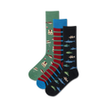 Three crew socks featuring fishing-themed designs. One sock is green with fish and fishing equipment; one is red and blue striped; one is dark blue with various fish.