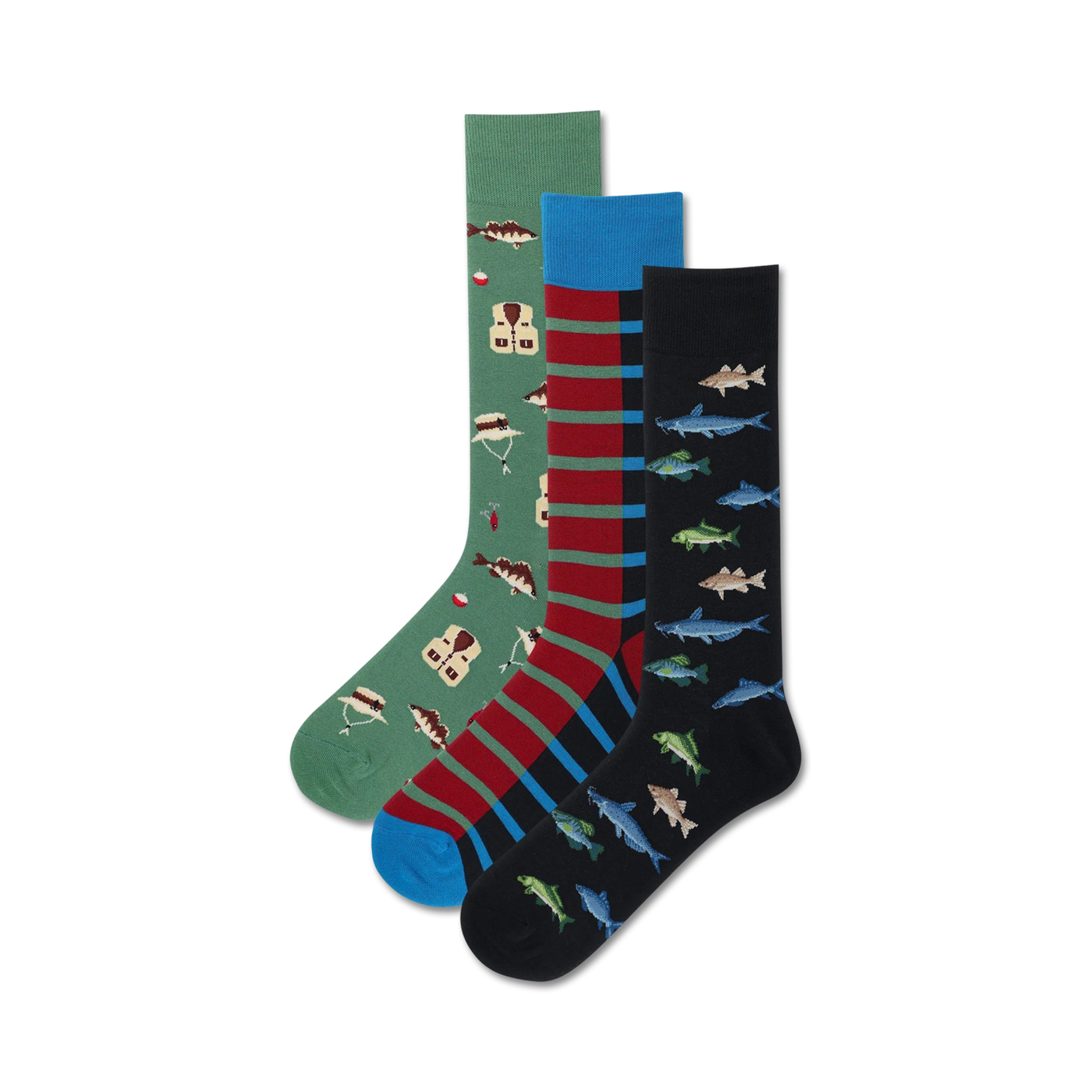 Three crew socks featuring fishing-themed designs. One sock is green with fish and fishing equipment; one is red and blue striped; one is dark blue with various fish.
