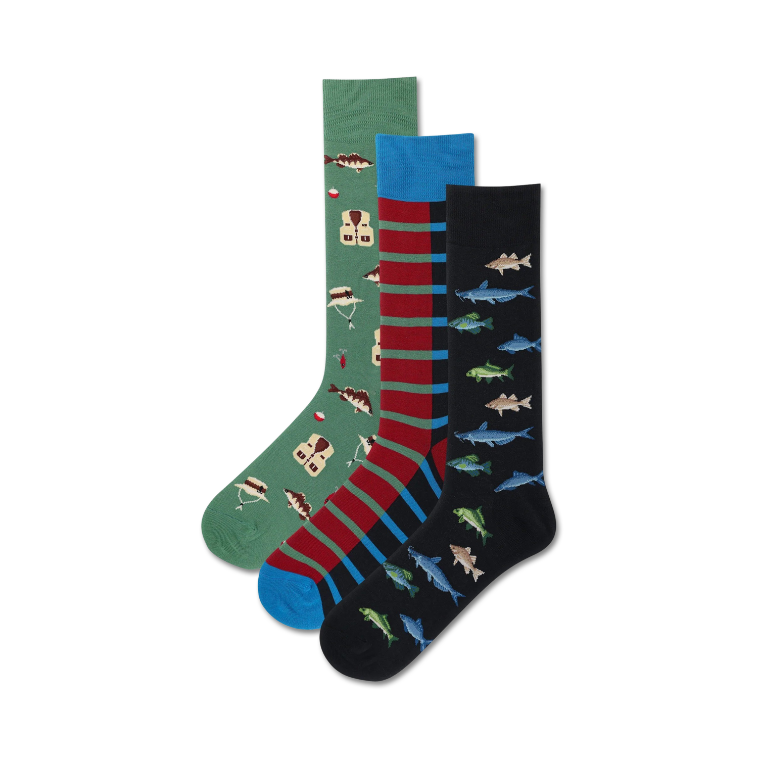 Three crew socks featuring fishing-themed designs. One sock is green with fish and fishing equipment; one is red and blue striped; one is dark blue with various fish.