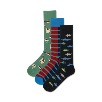 fishing 3 pack men's crew socks. pattern of fish, fishing vests, and fishing poles.   