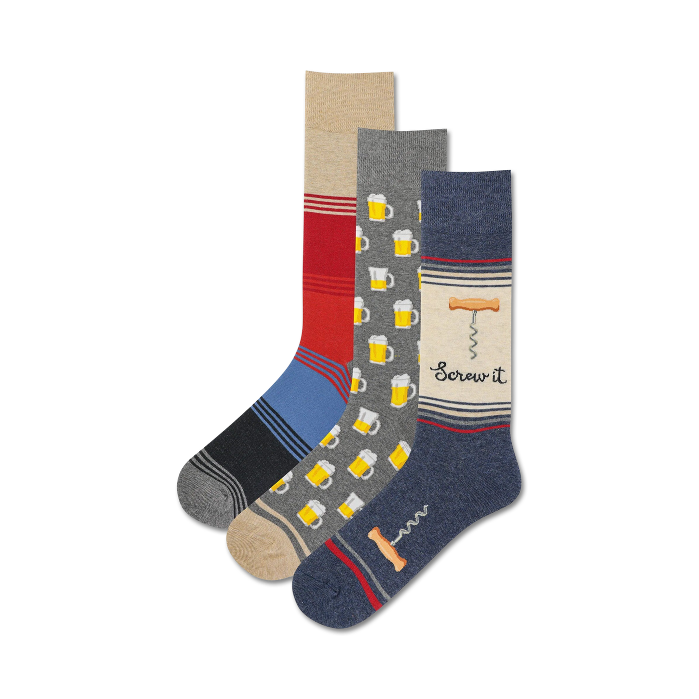 Three crew socks: one navy blue with a corkscrew design, one gray with beer mugs, and one red and blue striped.  All socks feature fun designs.