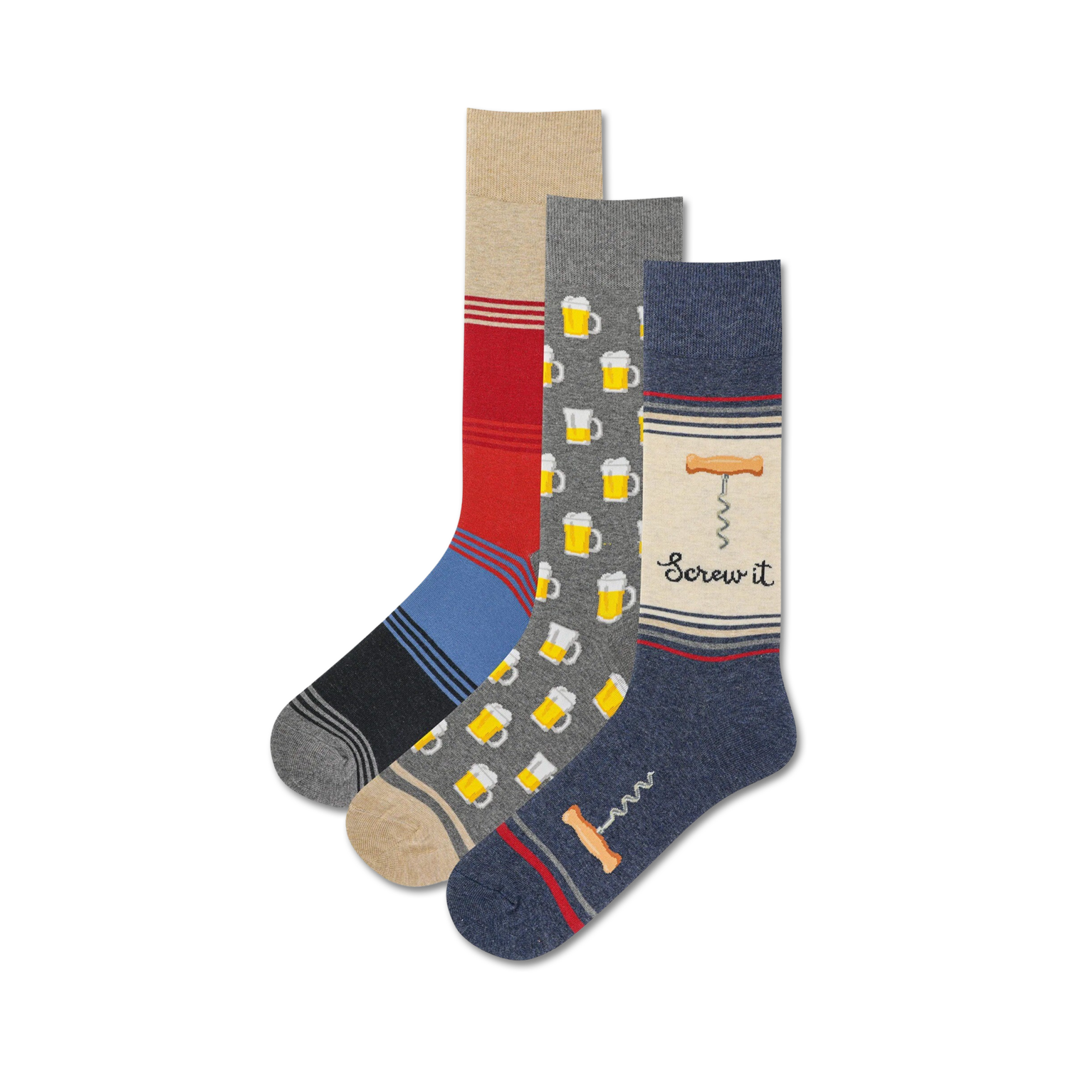 Three crew socks: one navy blue with a corkscrew design, one gray with beer mugs, and one red and blue striped.  All socks feature fun designs.
