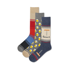 blue, gray and red men's crew socks have a pattern of beer mugs and corkscrews.  