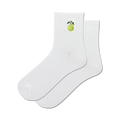 Pair of white ribbed crew socks with a small embroidered green pear on each sock.