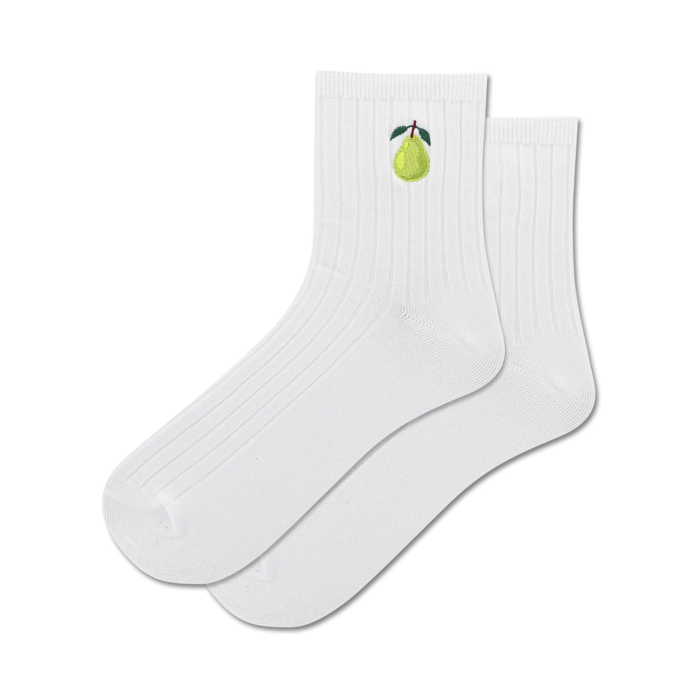 Pair of white ribbed crew socks with a small embroidered green pear on each sock.