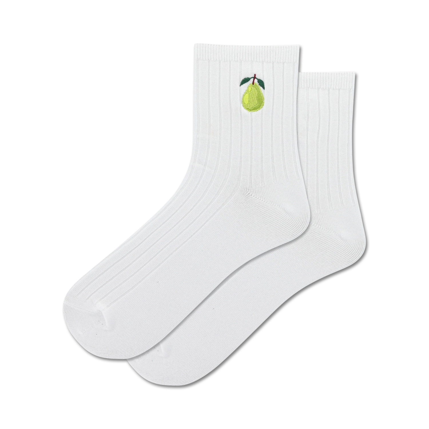 Pair of white ribbed crew socks with a small embroidered green pear on each sock.