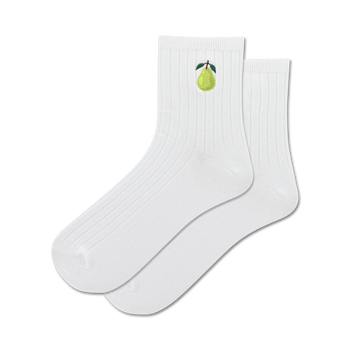 white ankle socks for women with embroidered green pears.  