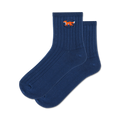 Pair of navy blue ribbed ankle socks with an embroidered orange fox design.