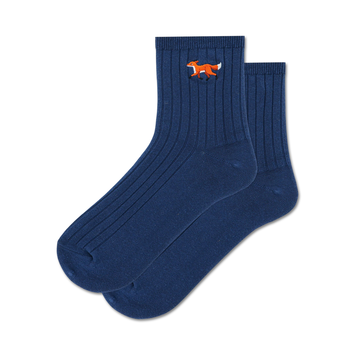 Pair of navy blue ribbed ankle socks with an embroidered orange fox design.