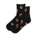 Pair of black crew socks with a repeating pattern of brown owls. Cute and comfy!