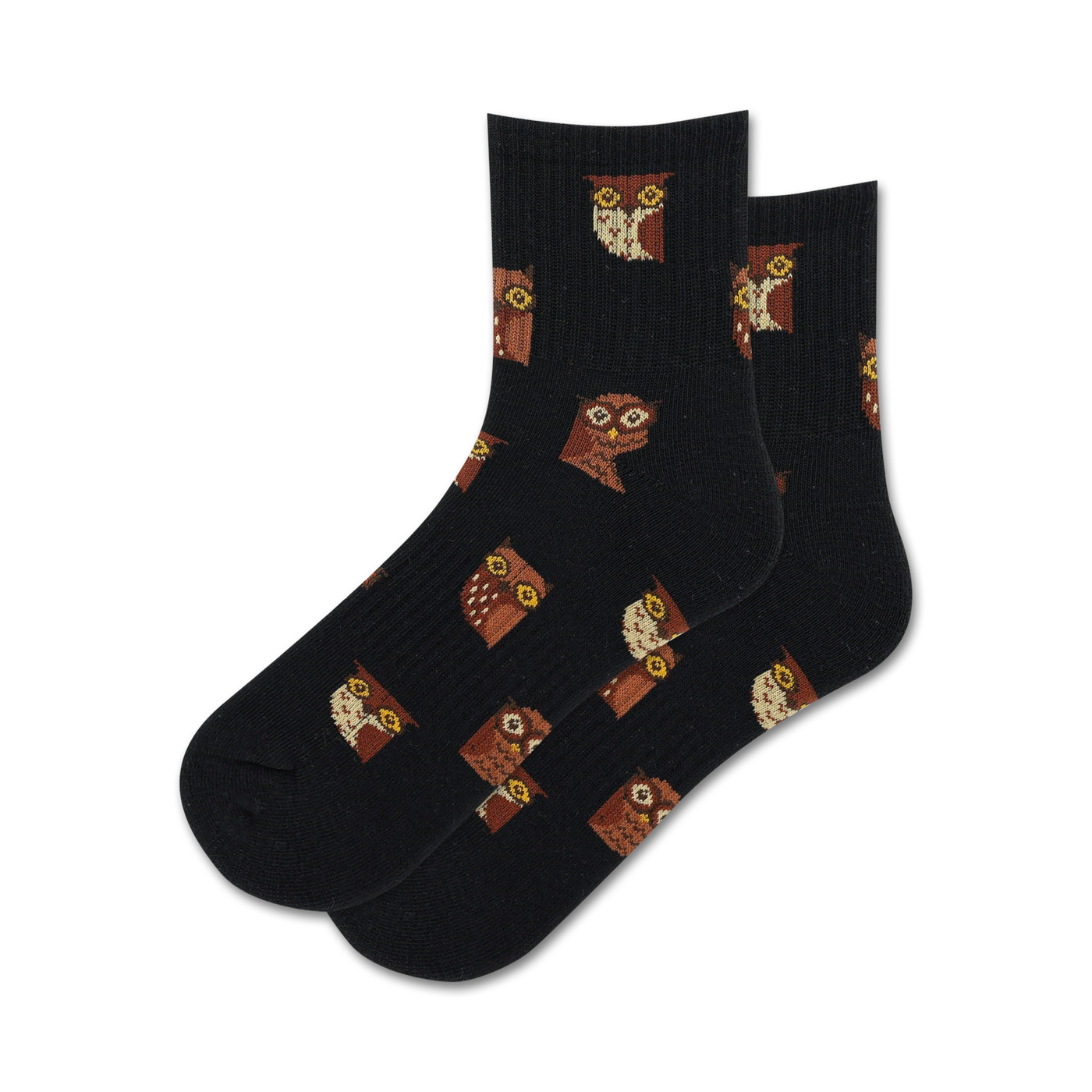 Pair of black crew socks with a repeating pattern of brown owls. Cute and comfy!