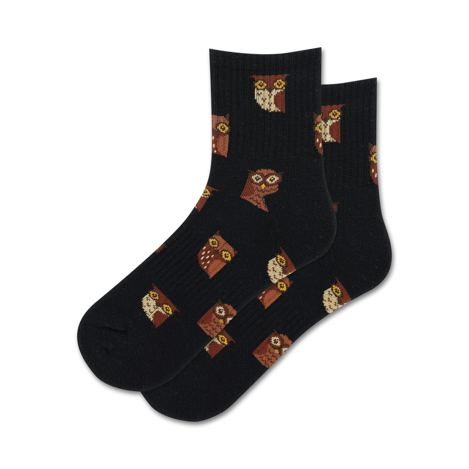 Pair of black crew socks with a repeating pattern of brown owls. Cute and comfy!