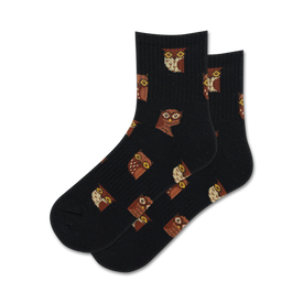 black ankle socks with all-over brown and white cartoon owl pattern. for women. 