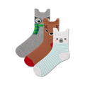 Three crew socks with winter animal designs: grey owl, brown reindeer, and teal-striped polar bear. 