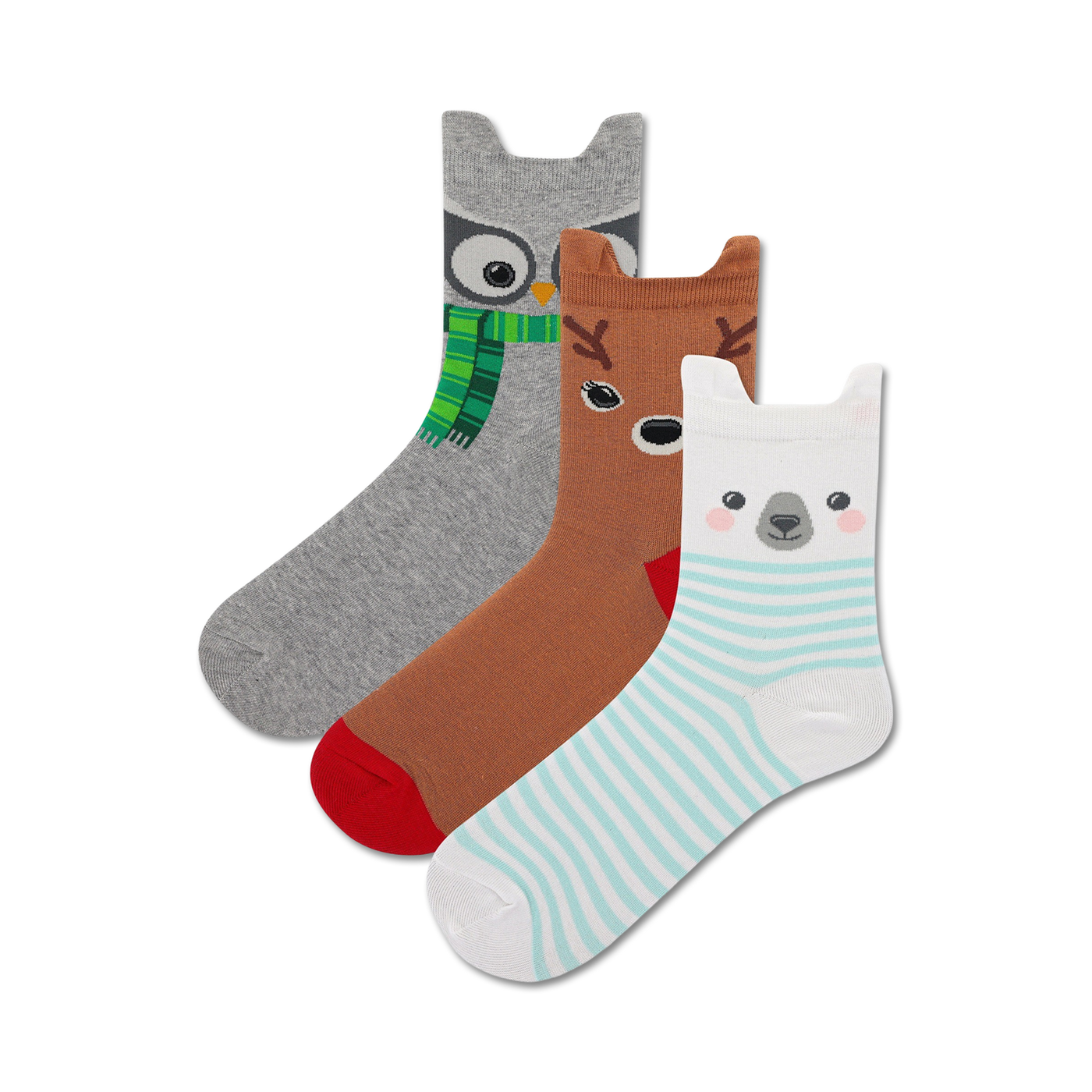 Three crew socks with winter animal designs: grey owl, brown reindeer, and teal-striped polar bear. 