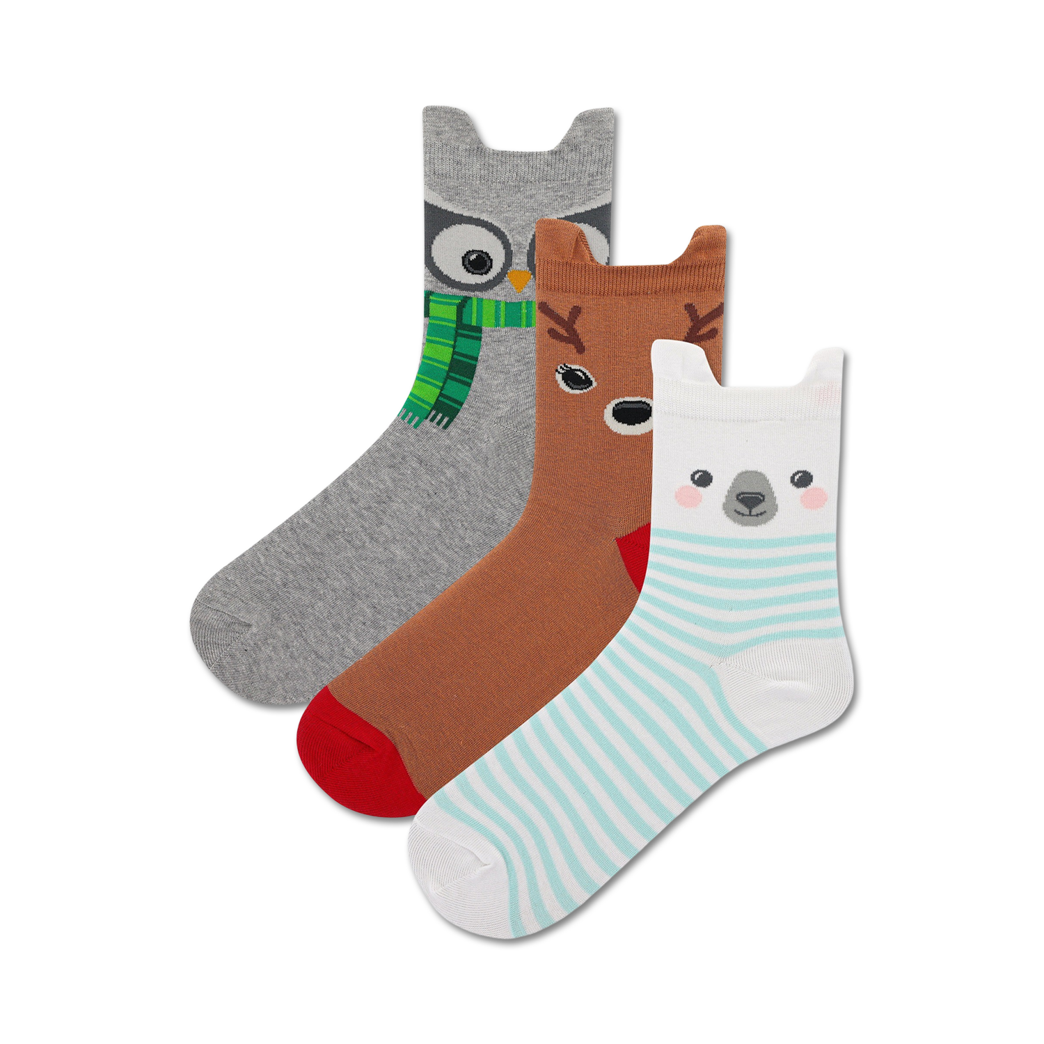 Three crew socks with winter animal designs: grey owl, brown reindeer, and teal-striped polar bear. 