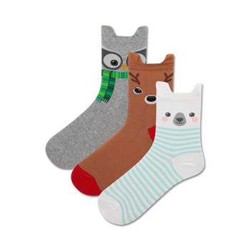 three-pack of cozy ankle length womens socks. owl, reindeer & polar bear winter animal theme patterns.  