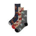 Three crew socks: navy with deer, beige with squirrels, gray with badgers.  Fuzzy, wintery woodland animal designs.