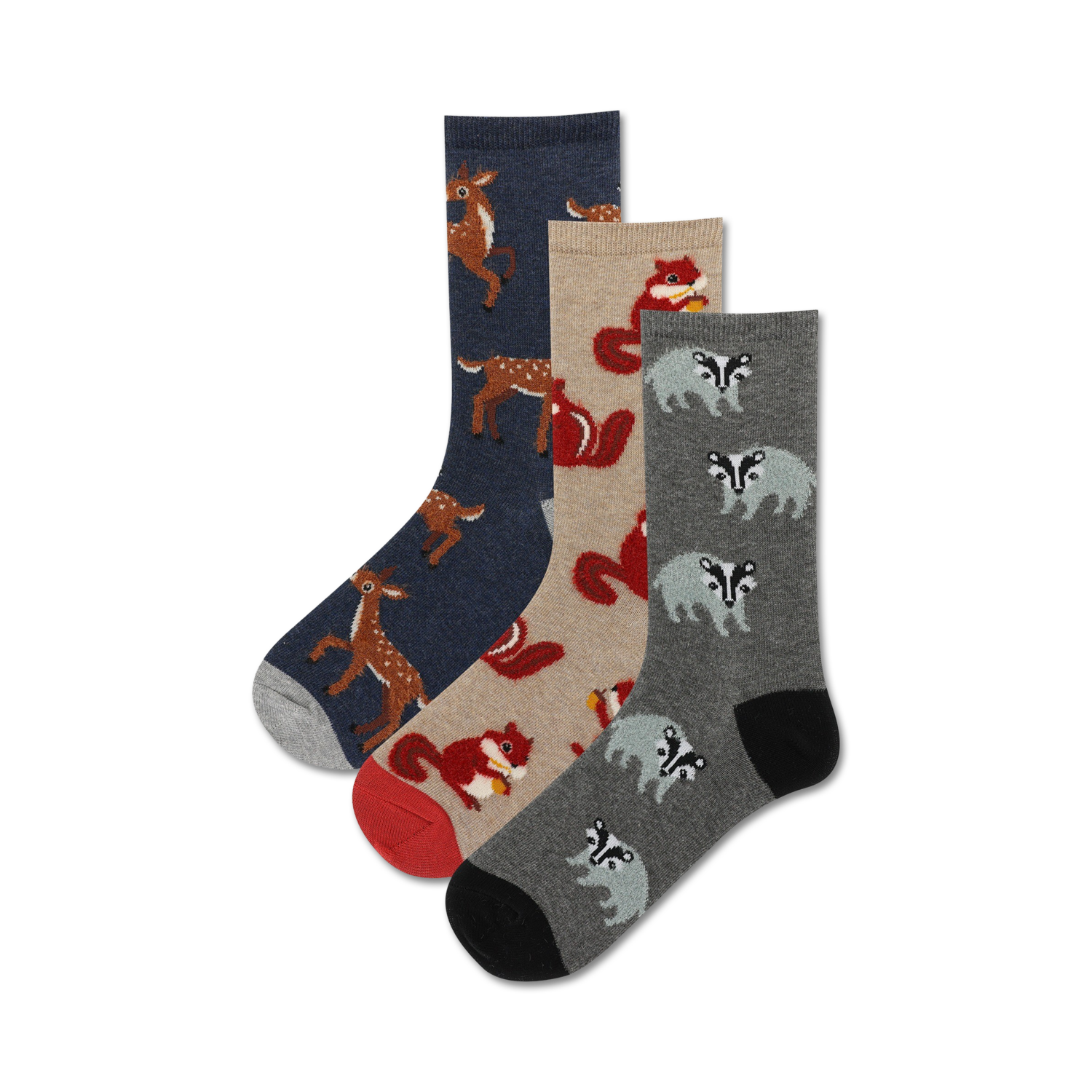Three crew socks: navy with deer, beige with squirrels, gray with badgers.  Fuzzy, wintery woodland animal designs.